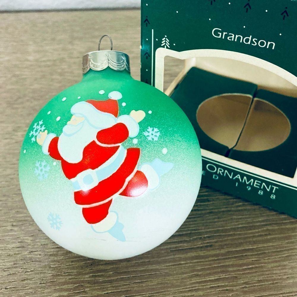 Hallmark Vintage Grandson 1988 Christmas Glass Ball Santa Ornament